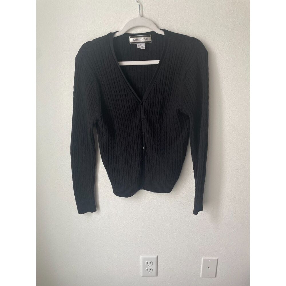 Office siren black cardigan M Crystal Kobe vintage 100 cotton cable knit top
